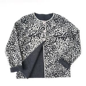 Austin Reed 100% Wool Leopard Cardigan Gray Black Neutral, Long Sleeve Sweater